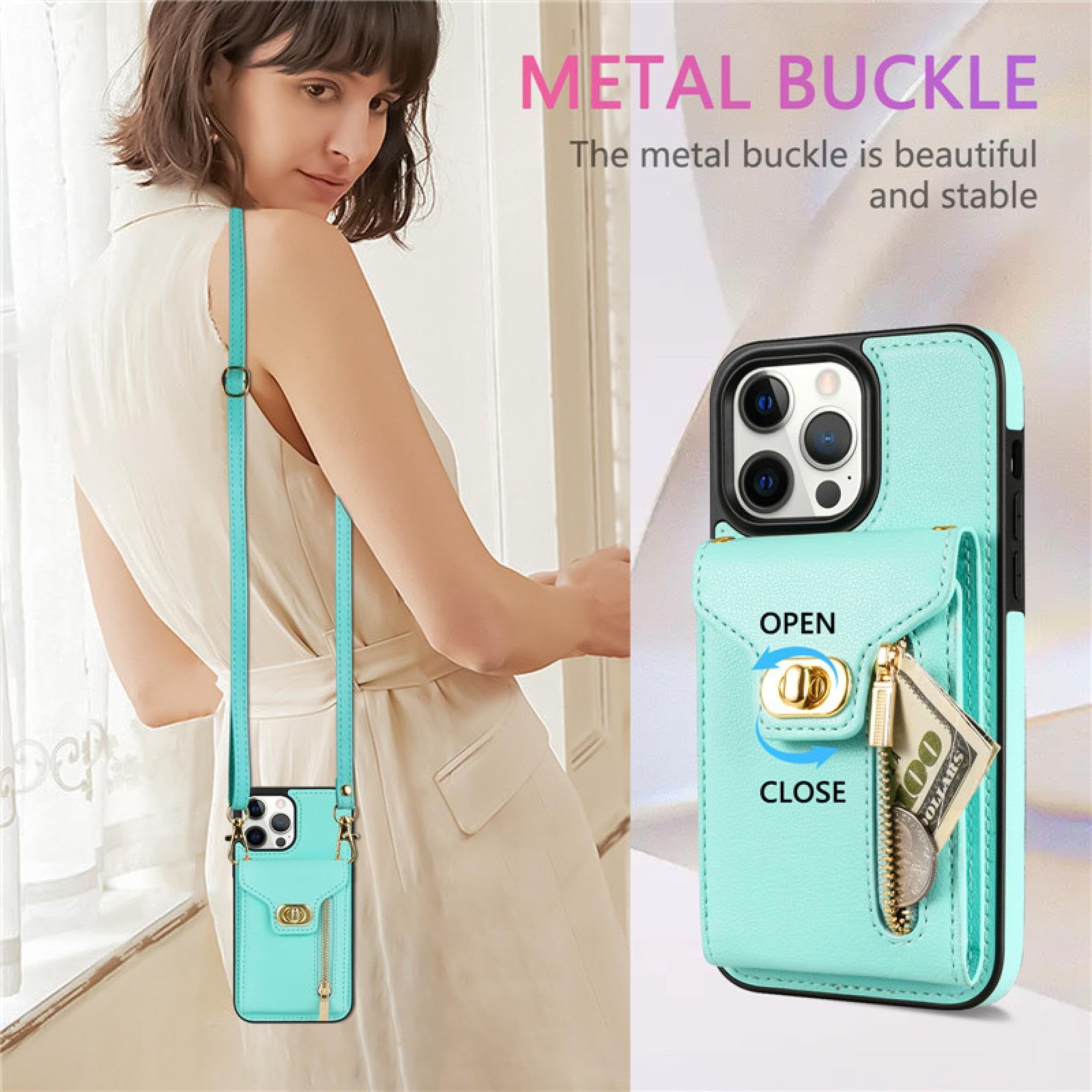 Für iPhone 15 Plus Lanyard Leder Reißverschluss Brieftasche Karte Handyhülle Geldbörse Flip Stand Cover (Für iPhone 15 Plus/schwarz)