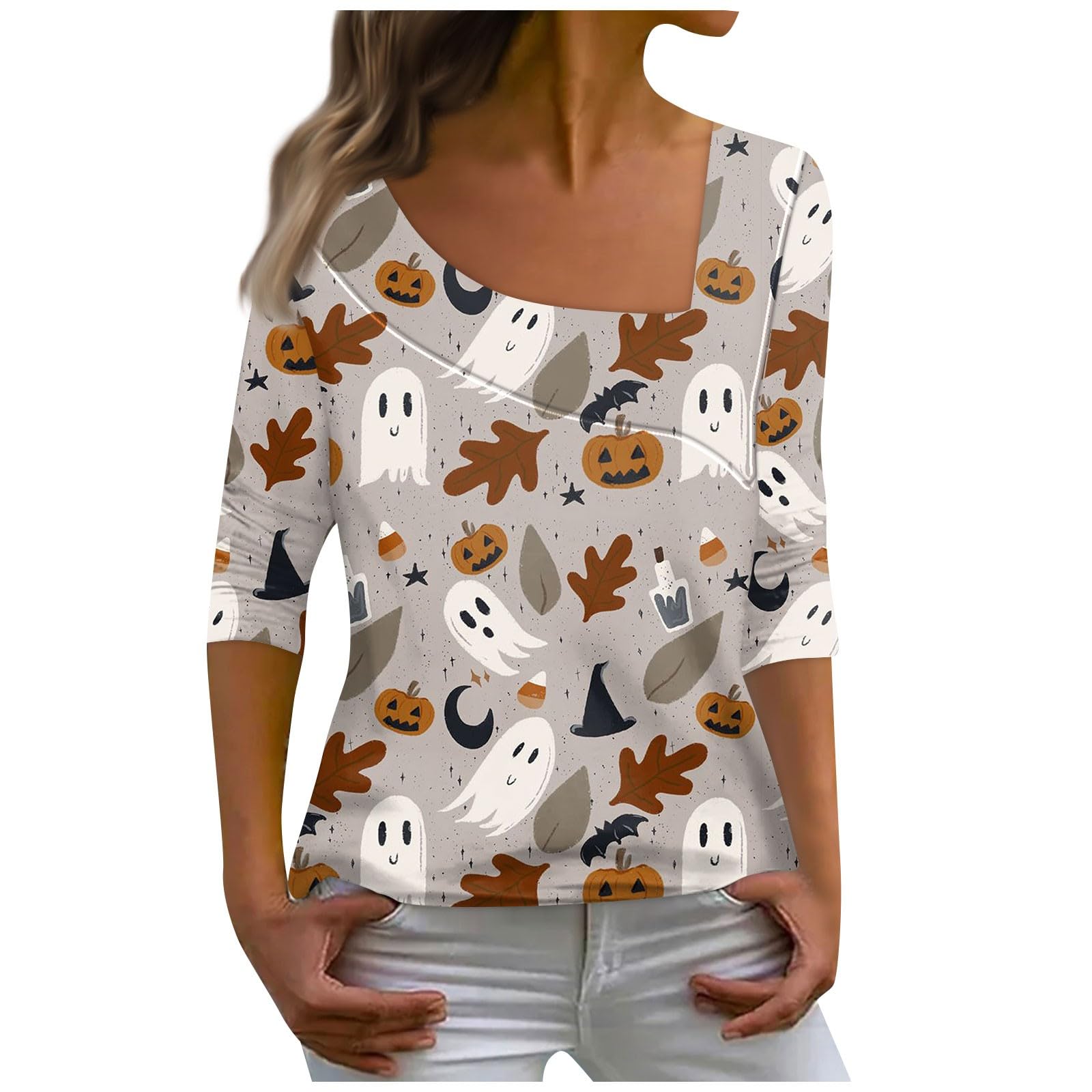 Plus Size Halloween Costumes for Women Pumpkin Graphic Tees Funny Cute Long Sleeve Fall Blouse Thanksgiving Gift Tops