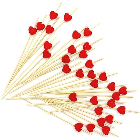 PuTwo Cocktail Toothpicks 100 Counts Cocktail Picks Handmade Natural Bamboo Cocktail Sticks Eco-Friendly Appetizer Skewers for Cocktail Appetizers Fruits Dessert - Red Hearts