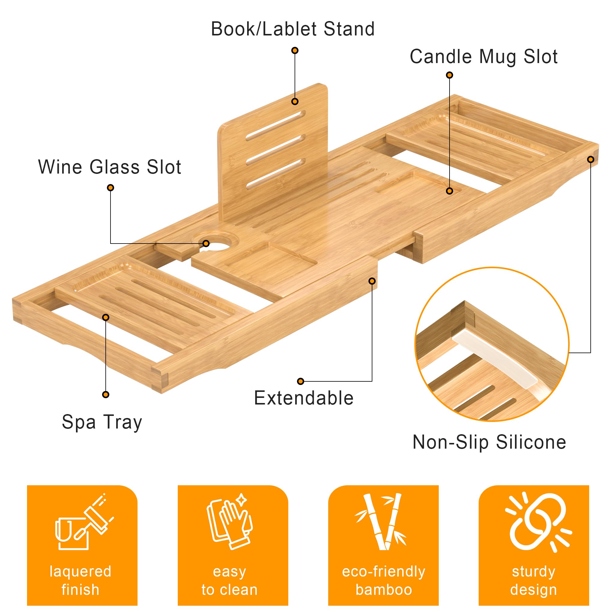 Bamboo Bathtub Tray - Relaxing Bath Caddy -5