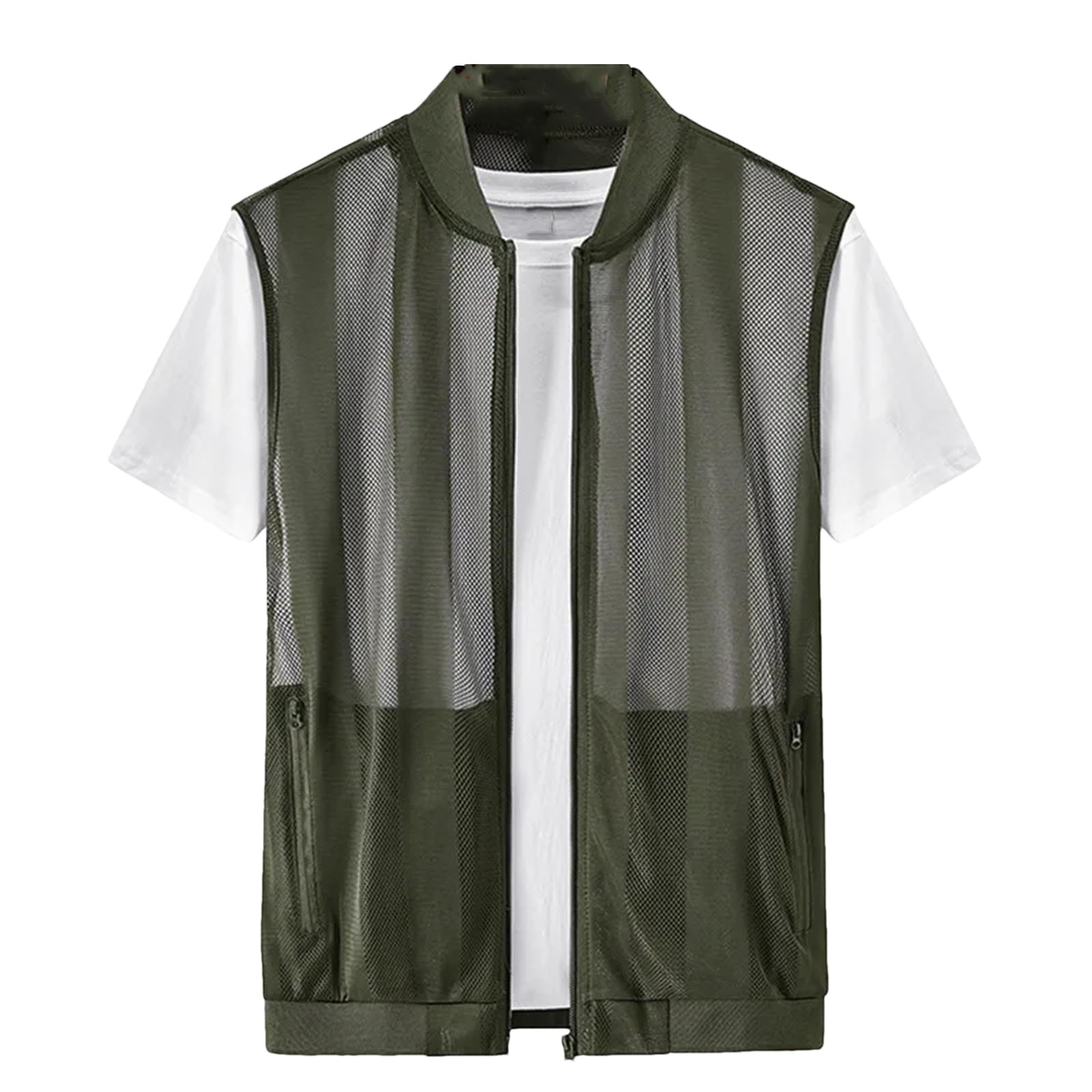 Hommes Rayure randonnée Maille pêche Gilets à séchage Rapide Multi-Poches Travail en Plein air Fermeture éclair Veste sans Manches