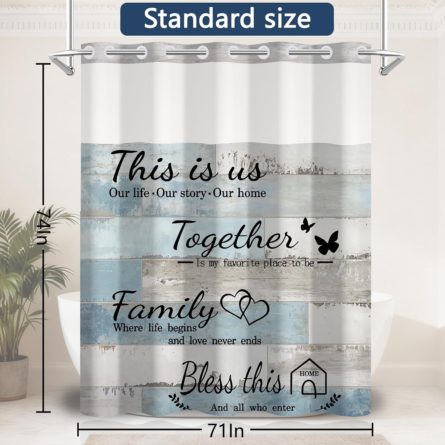 Blue and White Shower Curtain with Snap in Liner, 71x74 Inch