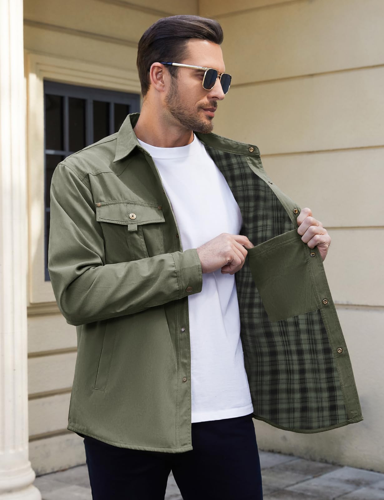 Voqeen Giacca Uomo Casual Camicia Maniche Lunghe Plaid Giubbotto Bottone a Pressione Giacca Occidentale Robusto Outdoor Flanella Foderato Leggera Giubbino