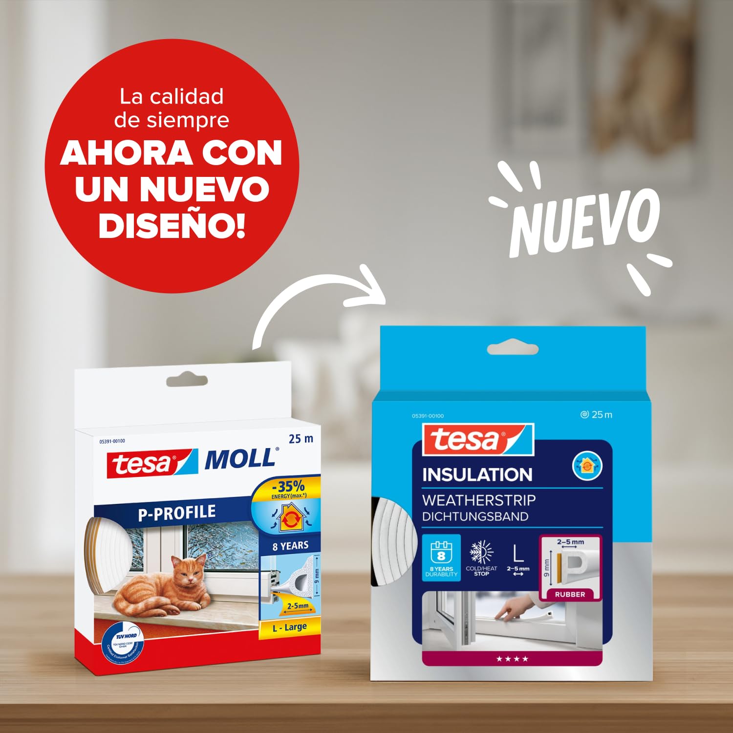 tesa INSULATION L junta de goma - Junta autoadhesiva para el aislamiento de huecos en ventanas y puertas - Blanca - 25 m x 9 mm x 5,5 mm