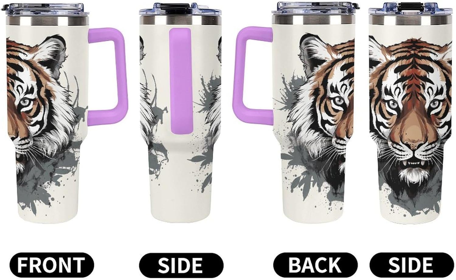 Black And White Doodle Tiger Travel Coffee Mug Reusable Durable Stainless Steel Insulated Tumbler with Handle And Straw Leak Resistant Portable Thermal Cup Gifts for Men Women 40 Oz