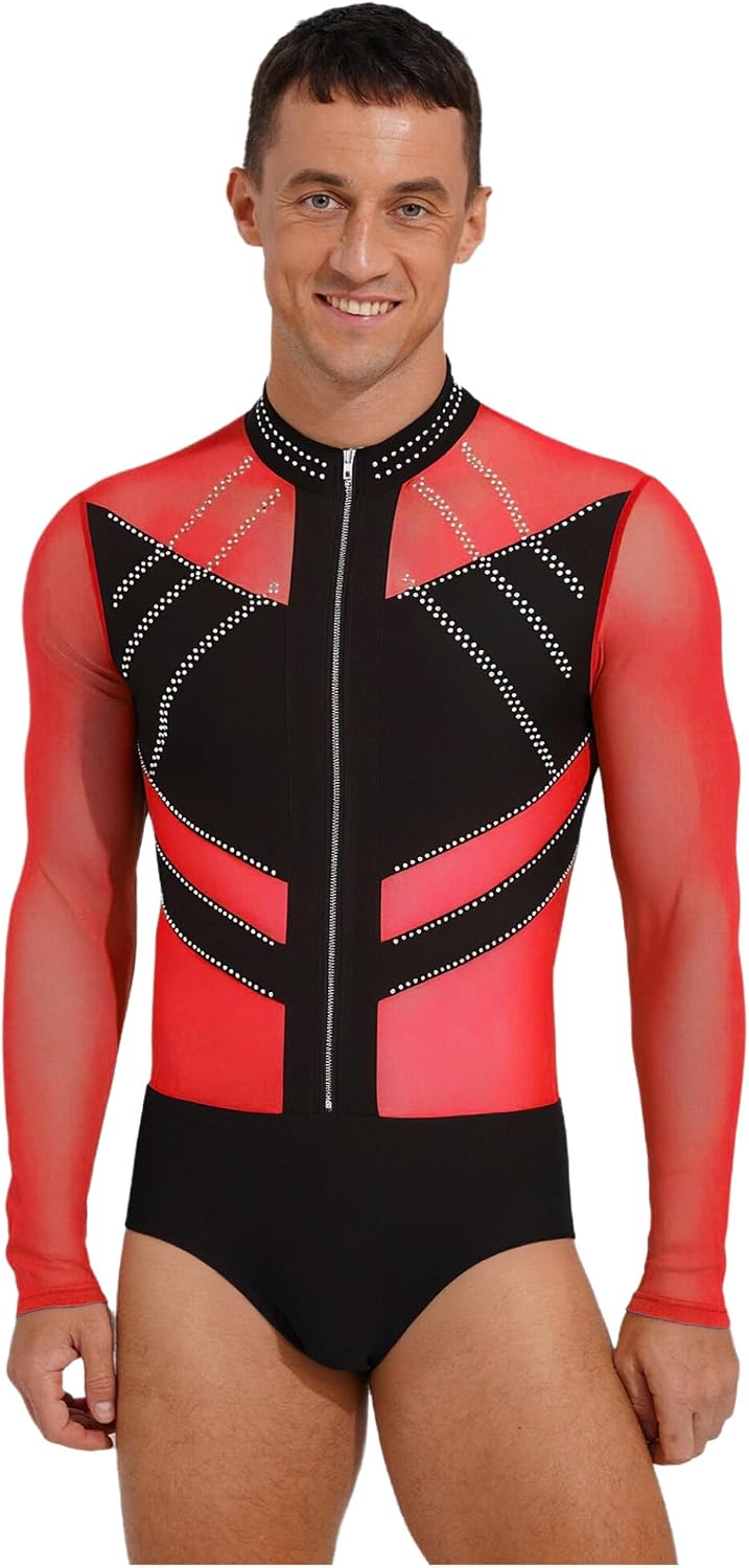 Yhong Latin Dance Leotard for Men Mesh Long Sleeve Bodysuit Figure Skating Bodysuit Gymnastics Ballet Top