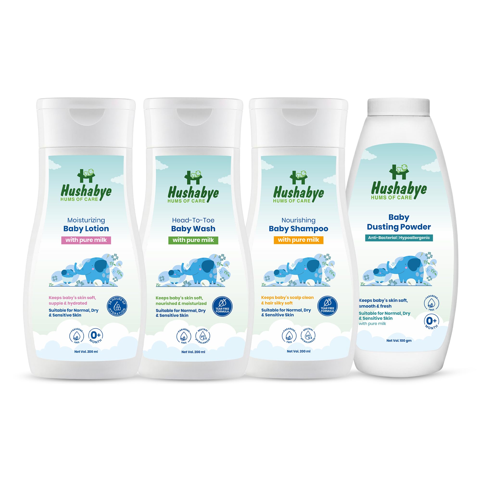 Hushabye Moisturizing Baby Lotion(200ml), Head to Toe Wash(200ml), Nourishing Shampoo(200ml) & Dusting Powder (100g) with Milk Protein, for All Skin Types | Newborn Care Gift Set, Combo Pack of 4-image-0