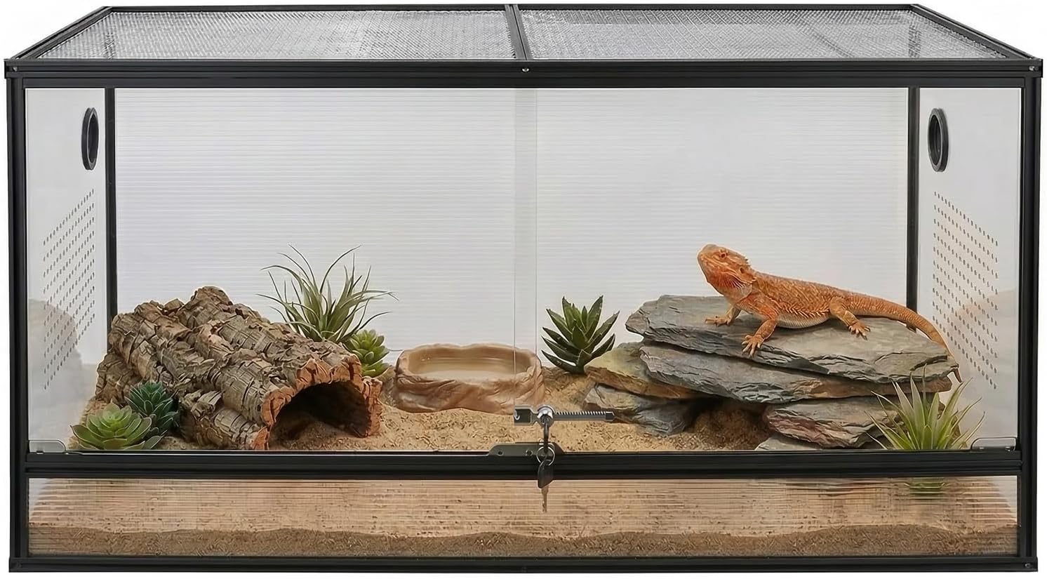 Bearded Dragon Tank 120 Gallon Reptile Terrarium 4x2x2 Ft, Aluminum Reptile Enclosure with 270° View, Mesh Top, Lockable Sliding Glass Doors