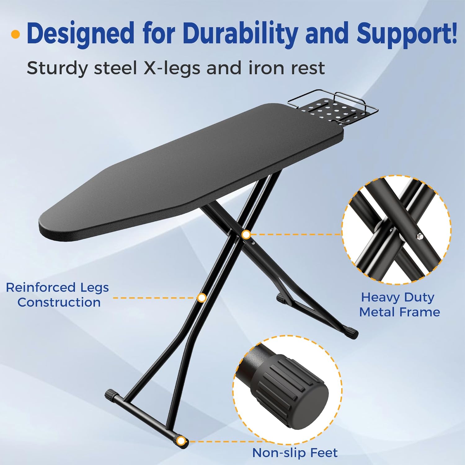BEWISHOME Foldable Ironing Board Full Size,Height Adjustable Sturdy Iron Board,Compact and Space Save Iron Stand for Laundry Room,Home Use,43" X 13" Black KYB02B