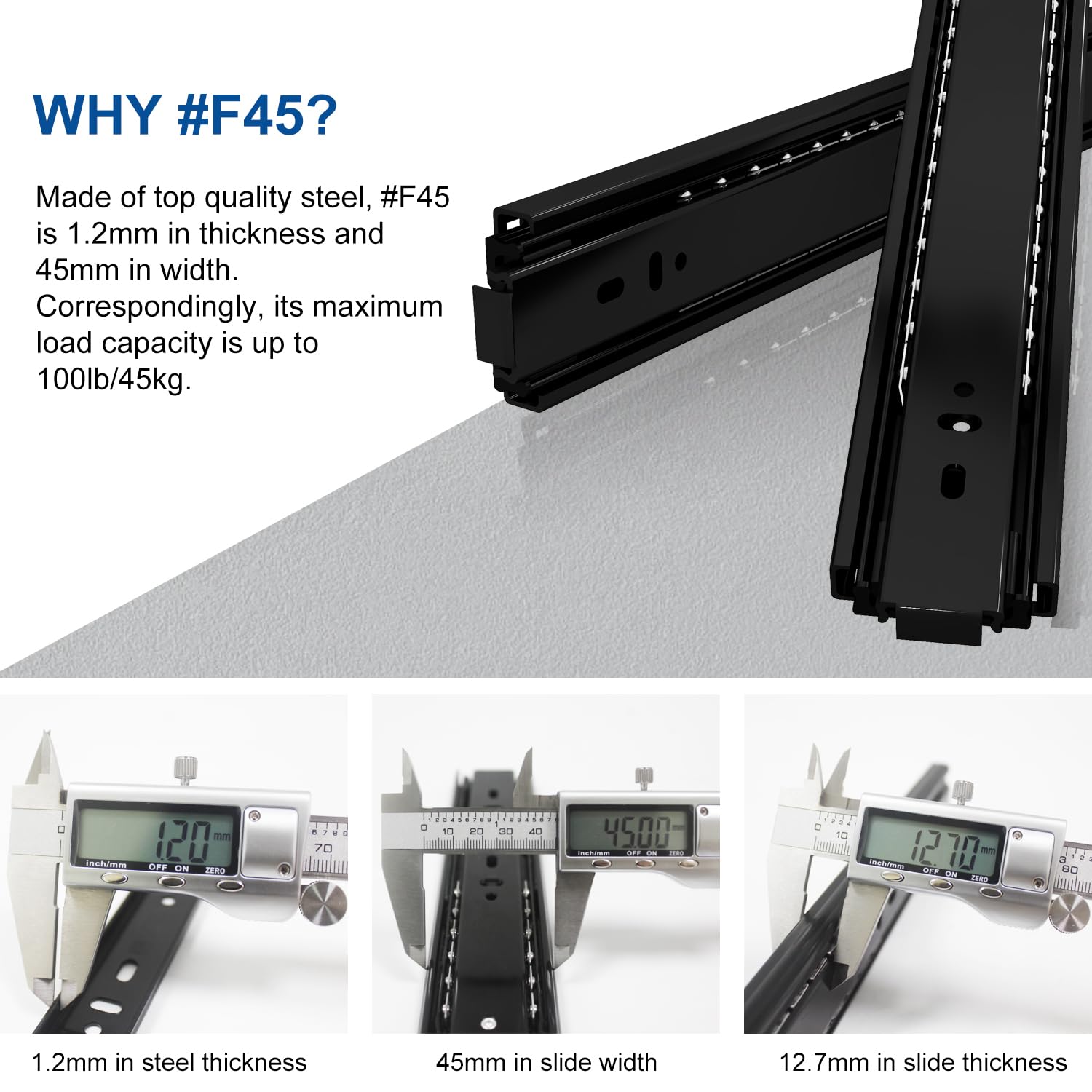 VADANIA Push-to-open Guide per Cassetti #F45, 450mm con Cuscinetti a Sfera, Spingere per Aprire, Estensione Completa, Montaggio Laterale, Carico Pesante fino a 45 kg, 1 Paio