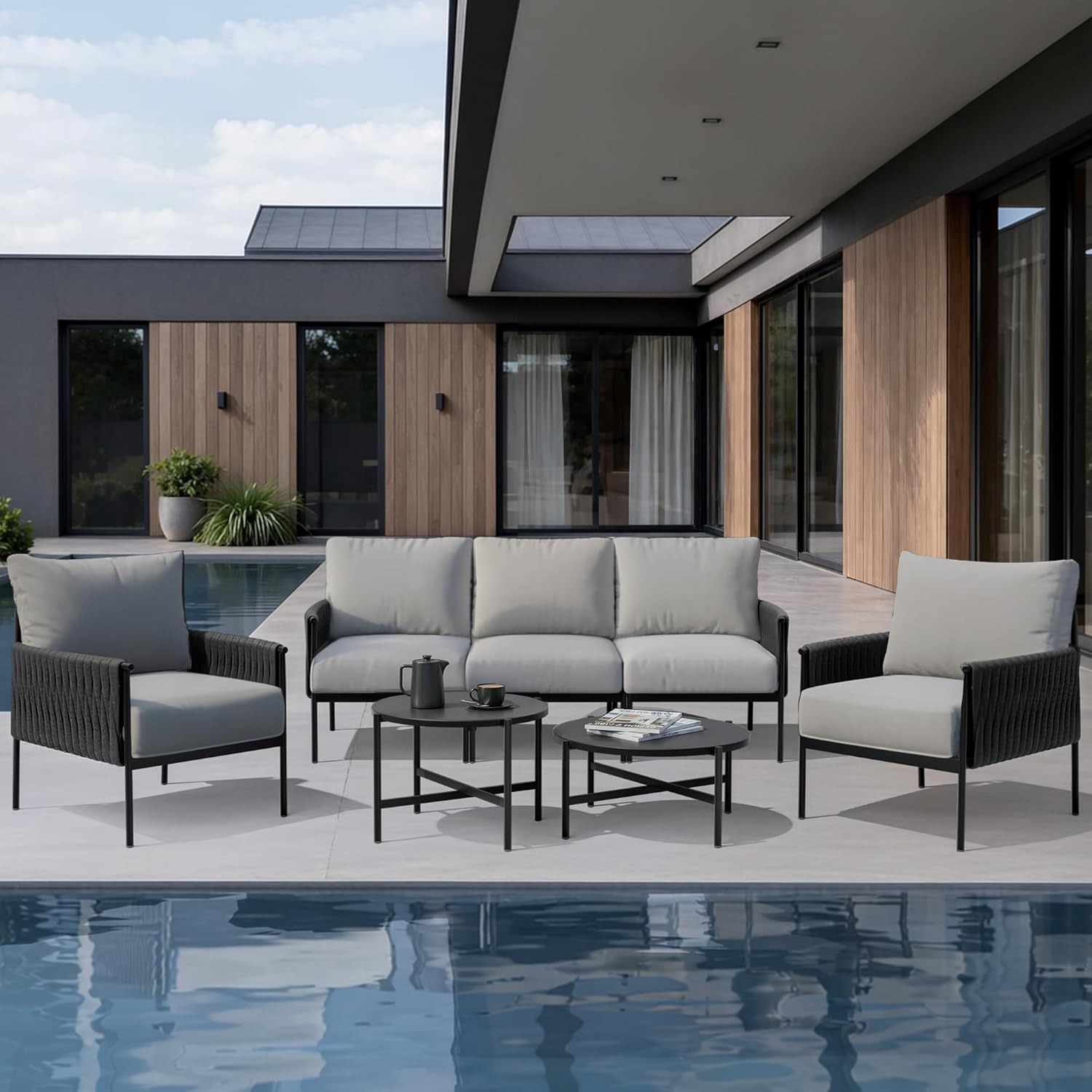 Pamapic 7-Piece Woven Rope Outdoor Furniture Set, Iron Frame Patio Conversation Set with Thick Cushions & 2 Coffee Tables, All-Weather Sectional Patio Furniture Set for Backyard, Porch, Grey