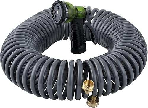 YESTAR Manguera de bobina de jardín de 50 pies, conector de latón macizo de 34 pulgadas, manguera de agua flexible con boquilla de pulverización de