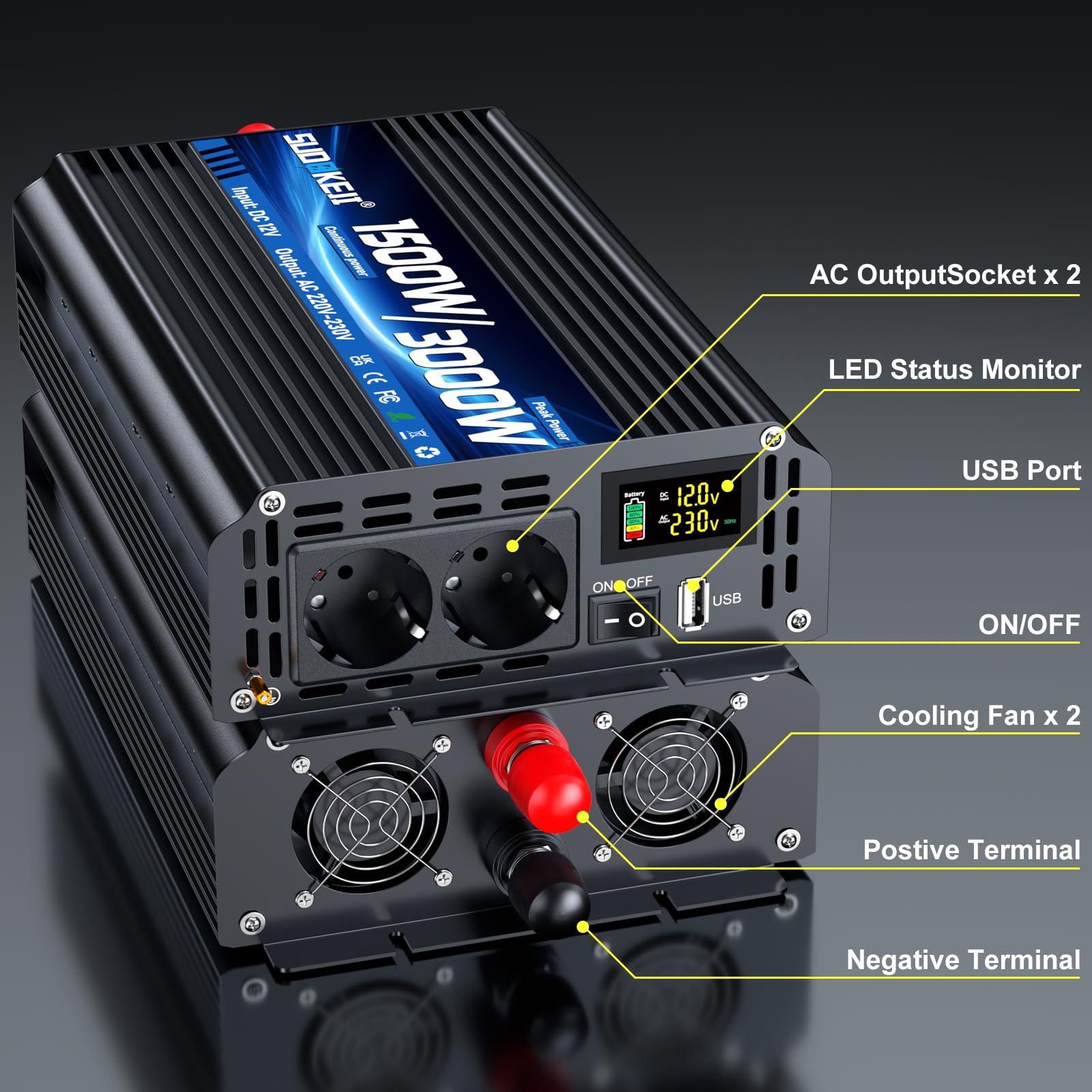 Wechselrichter 12V 230V 1500W/3000W Spannungswandler Modifizierte Sinus Sine Wave Inverter mit 2 AC Steckdose und USB und Type-C Port für Auto Wohnmobil Fahrzeuge