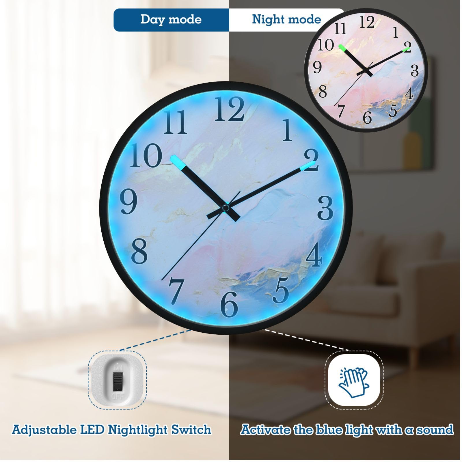 Mnsruu Reloj de pared luminoso con tinta de mármol rosa, reloj de pared que brilla en la oscuridad, funciona con pilas, reloj de luz nocturna silencioso sin tictac para dormitorio