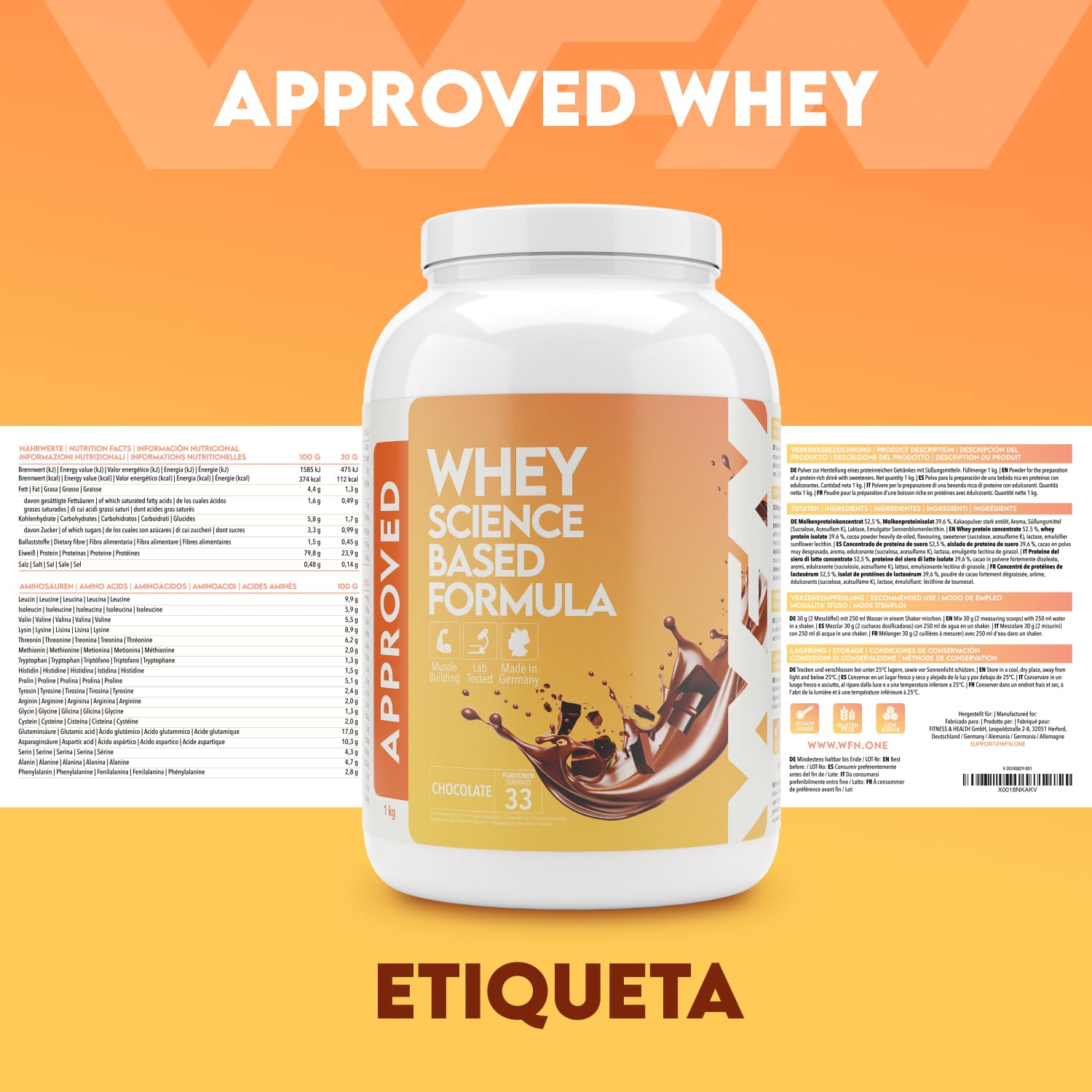 WFN Approved Whey Proteína en Polvo – Chocolate – 1 kg – Con Lactasa – Proteína de Suero de Alta Solubilidad – Producido y Analizado en Laboratorio en Alemania