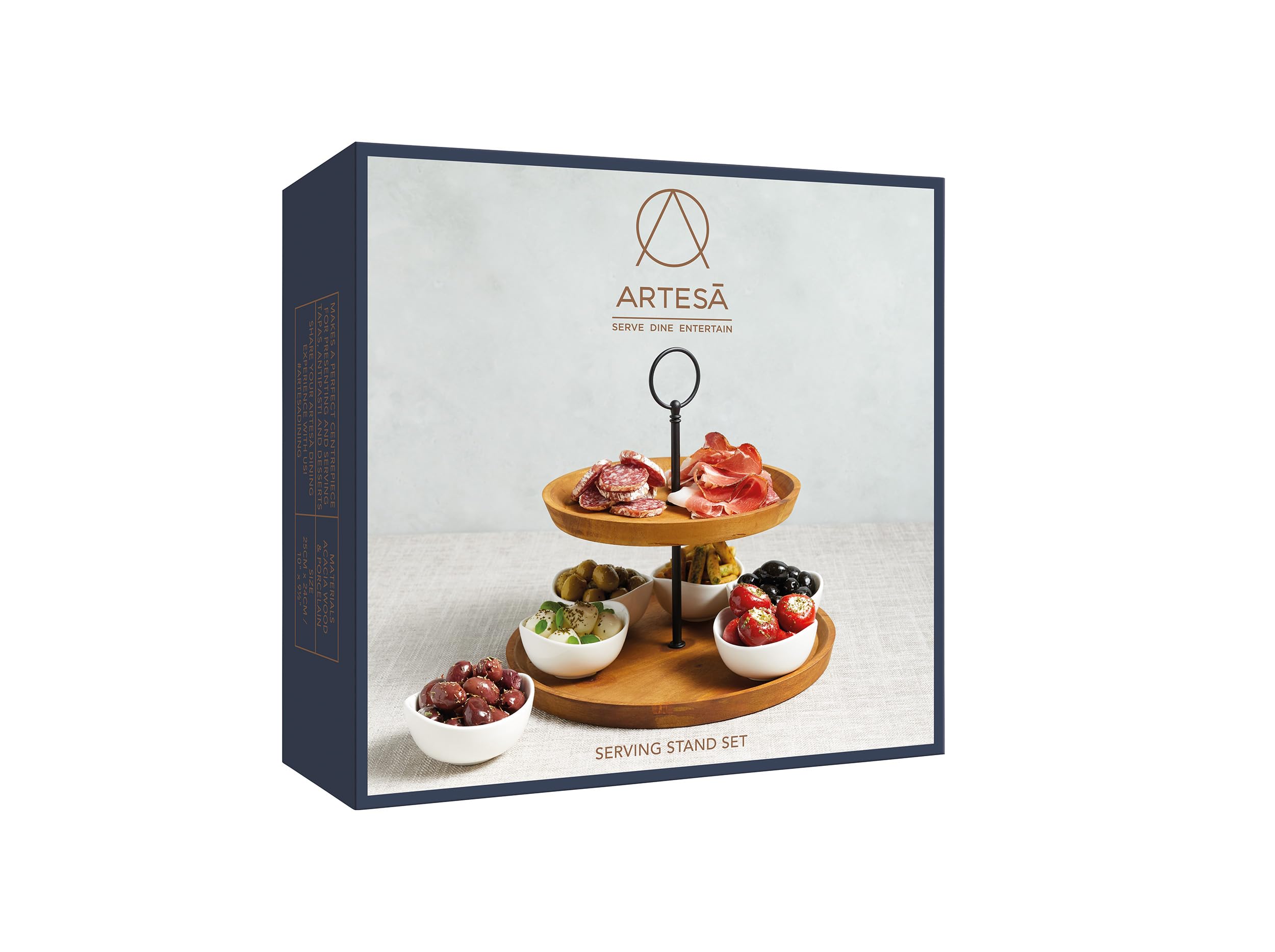 Artesà Porta Tapas e Portavivande a 2 Livelli, Espositore per Alimenti con 6 Mini Ciotole in porcellana, Supporto per Torta in Legno e Rifinito a Mano in Scatola Regalo, 24 x 25cm, Marrone e Nero