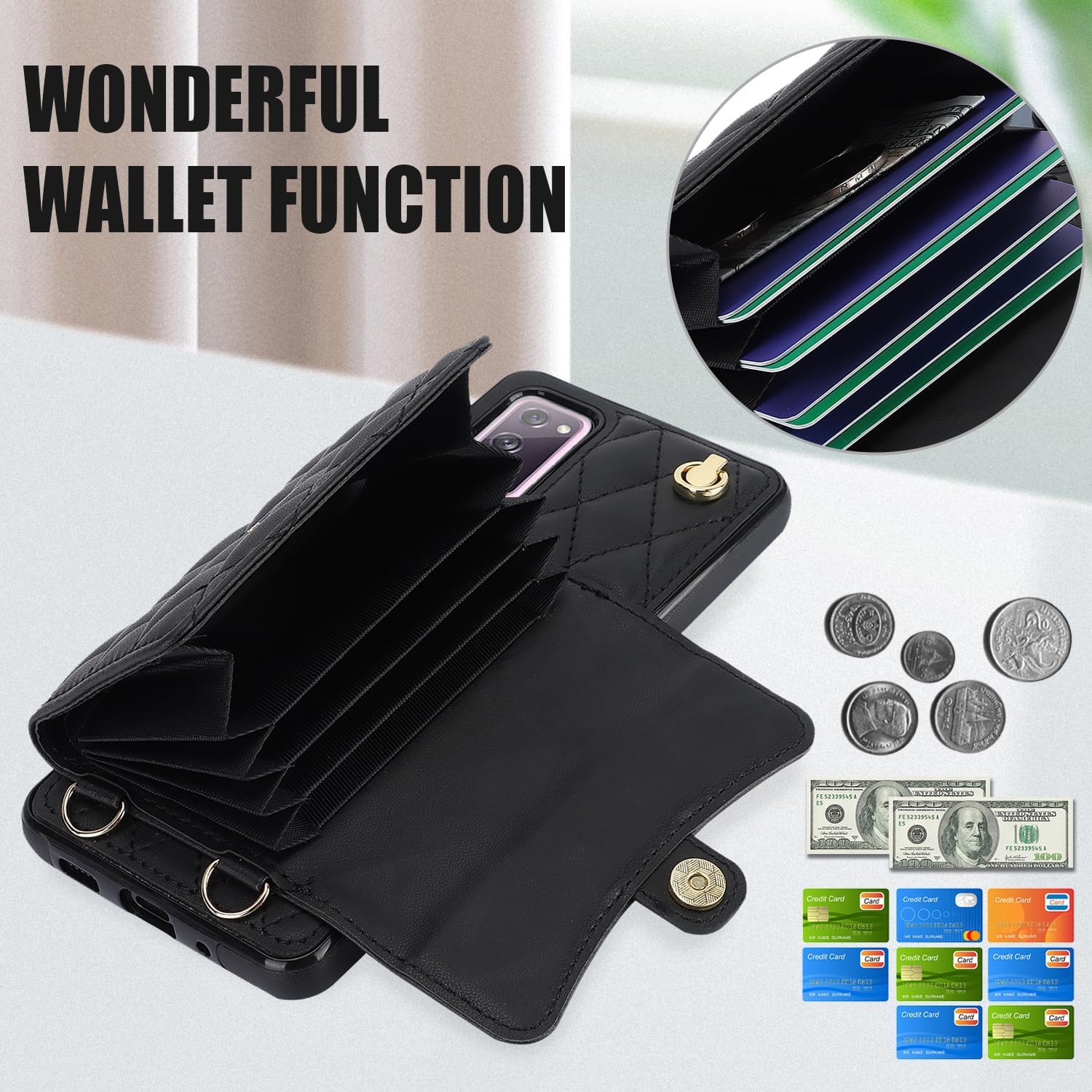 Asuwish Phone Case for Samsung Galaxy S20 FE 5G 6.5 inch Wallet Cover with Stand RFID Card Holder Strap Lanyard Cell S 20 EF UW S20FE5G S20FE 20S S2O Fan Edition 4G G5 Women Girls Black