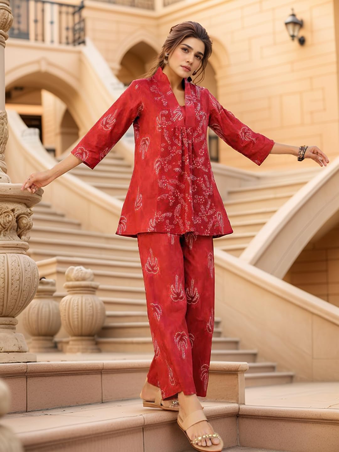 NAINVISH Women's Rayon Blend Classic Above The Knee Co-ord Set (SD871_KB-S_Red