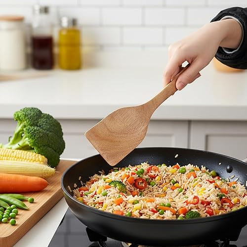 Miniatura 6 de 2PCS Wooden Spatula for Cooking Utensils, Long Handle Wood Turner for Non-Stick Cookware Spoon Pancake Turner Scraper Natural Teak Wooden Utensil