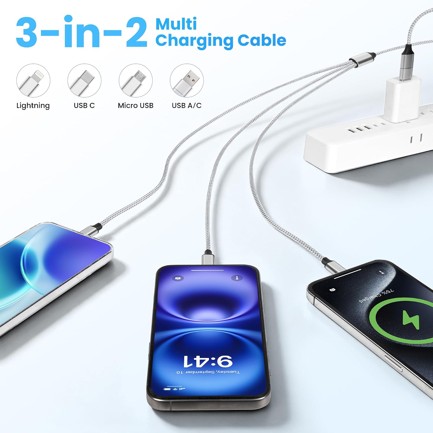 3 in 2 Multi Charging Cable,10FT/3M Braided Chargers for All Devices,Multiple USB-C Charger Cable Adapter with USB A/C to Light-ning/USB C/Micro USB Port for iP17/16/15/14/Tablets/PS/CarPlay image 2