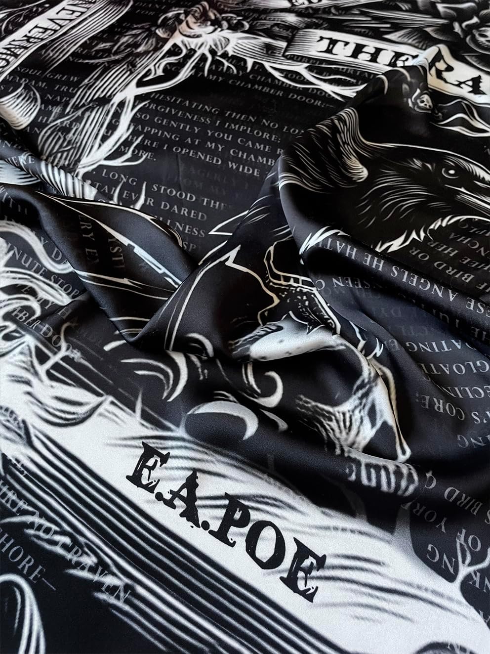 Universal Zone Raven by Edgar Allan Poe Square Satin Scarf - Black Goth Gothic Shawl with Nevermore Pattern