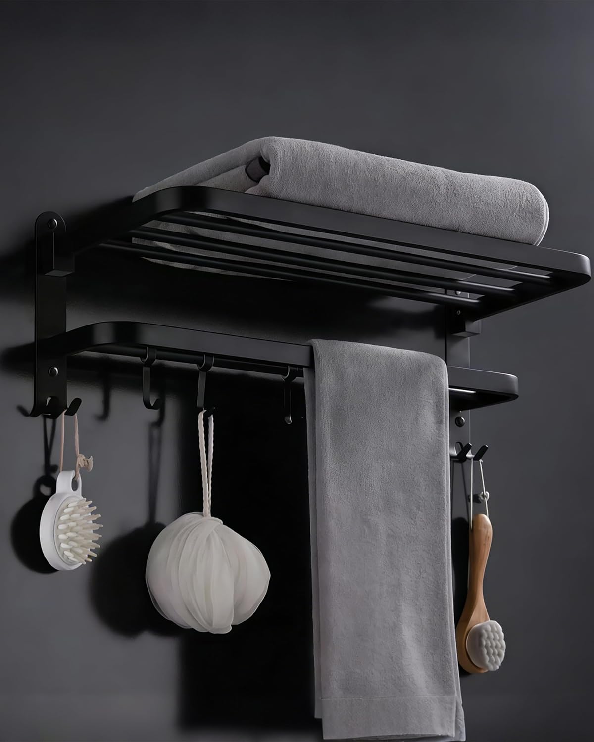 23.6'' Towel Rack for Bathroom,Foldable Wall Mounted Towel Shelf with Towel Bar Holder and 5 Hooks,Stainless Steel Towel Storage Organizer for Lavatory Shower Room,Matte Black