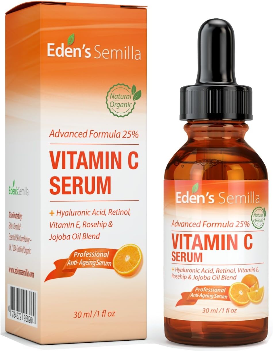 25% VITAMIN C SERUM 30ml - BEST ANTI-AGING FORMULA - Hyaluronic Acid, Retinol, Vitamin E and Rosehip & Jojoba Oil Blend. Best anti-ageing serum for the face - promotes the skin's natural defences, replaces lost moisture and dramatically reduces fine lines and wrinkles. A natural blend of clinically proven ingredients. Firmer, softer healthier looking skin....