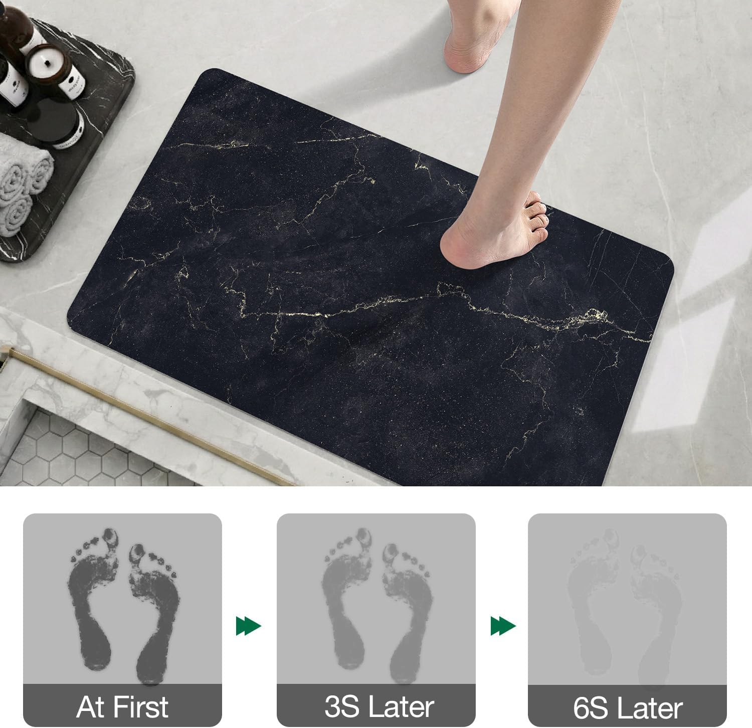 LUMI Ultra Thin Bath Mat, Super Absorbent Quick Dry Bathroom Rugs, Non-Slip Bathroom Mats, Marble Bathmats Fit Under Door, Bathtub, Sink, Shower Room, 17"x30", Black