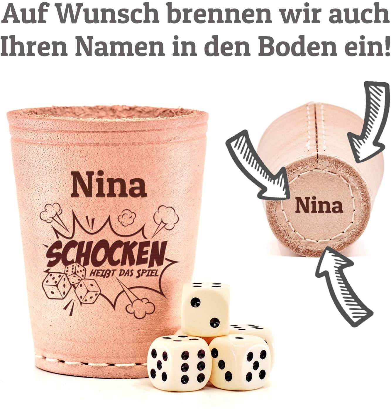 Leder Würfelbecher mit Gravur | Ihr Name + div. Motive zur Auswahl | inkl. 5 Würfel