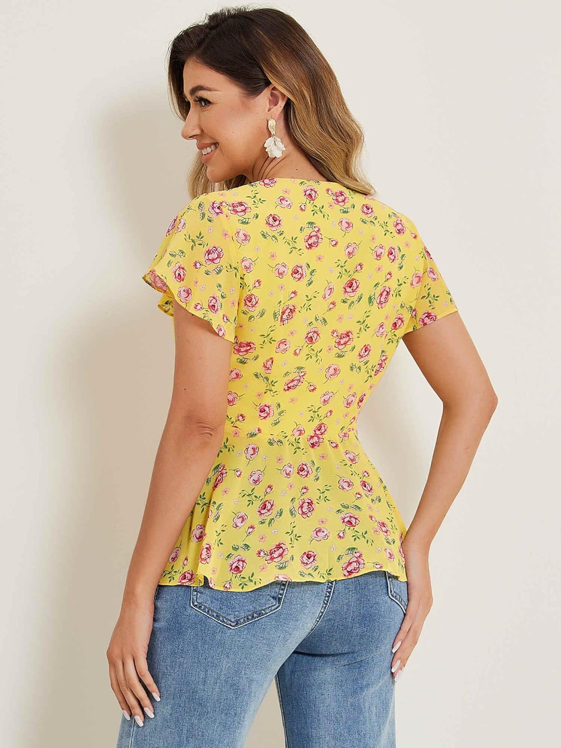 Allegra K Wrap Tops for Women's Floral Printed V Neck Slit Sleeve Tie Waist Peplum Blouse - Image 2