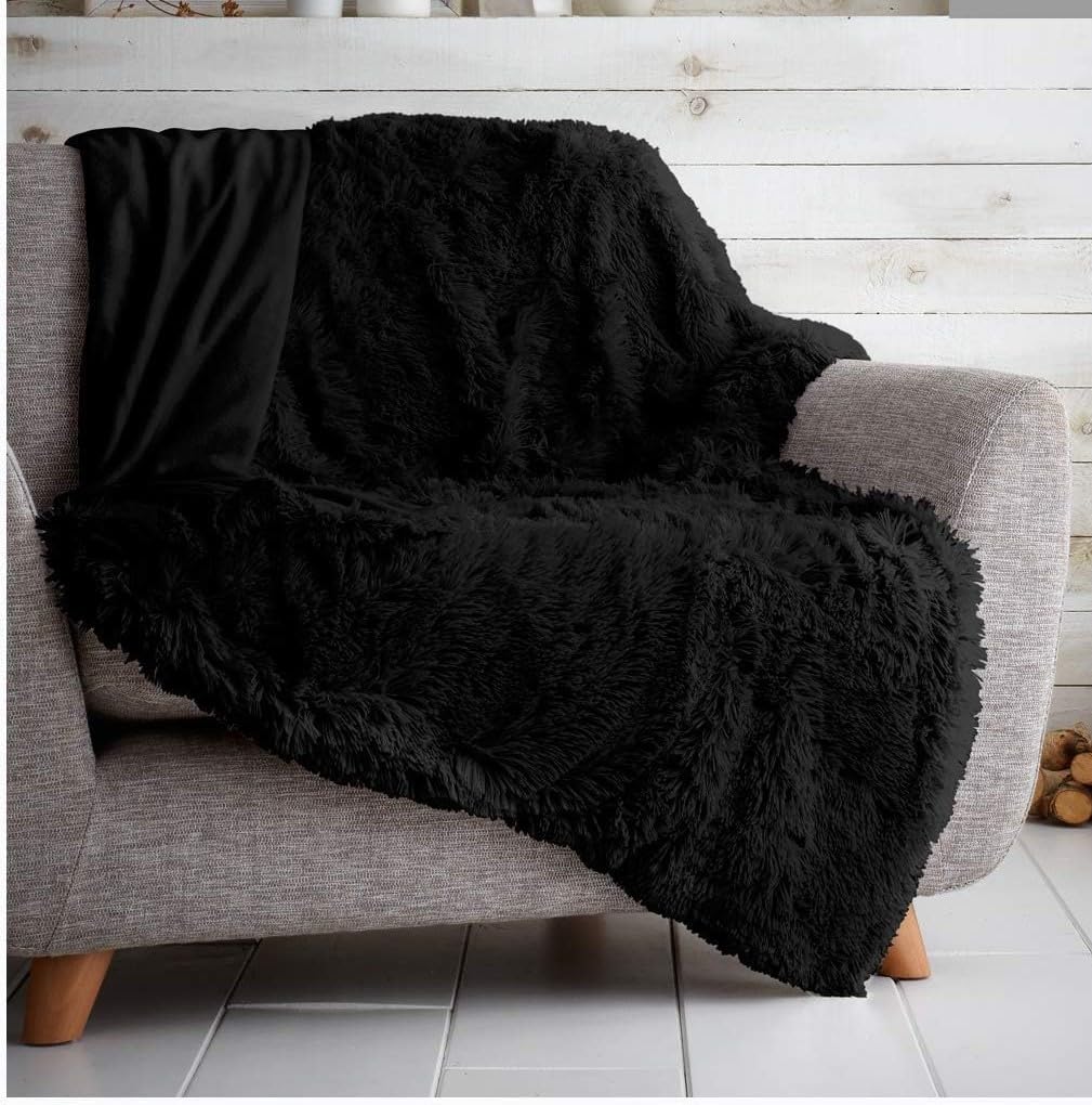 De Lavish Hug & Snug Faux Fur Throw 150x200 Bed Sofa Fluffy Double Size Blanket Soft, Black