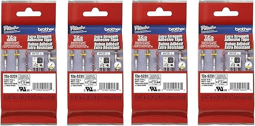 Brother P-Touch - Paquete de 4 cintas laminadas TZe-S231, impresión negra sobre cinta adhesiva extra fuerte blanca para etiquetadoras P-Touch, cada