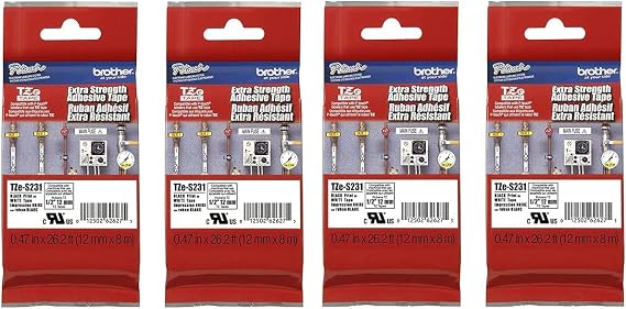 Brother Genuine P-Touch 4-Pack TZe-S231 Laminated Tape, Black Print on White Extra Strength Adhesive Laminated Tape for P-Touch Label Makers, Each Roll is 0.47/12mm (1/2) Wide, 26.2 ft. (8M) Long