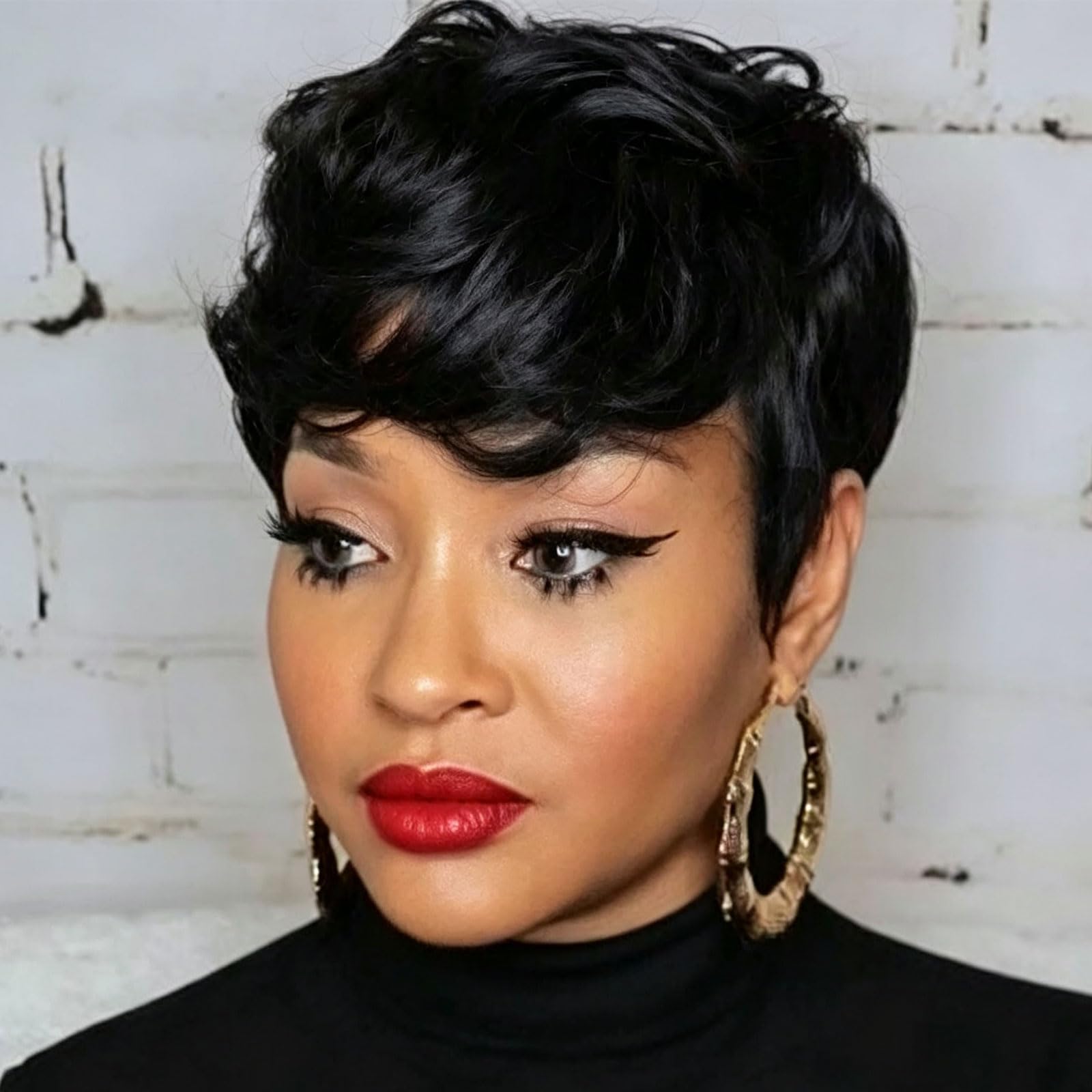 Short Pixie Wavy Cut Wigs Black Pixie Cut Wig for Women Natural Short Hair Wigs Pixie Cut Curly Wig with Bangs Synthetic Black Layered Wavy Wigs for Women Heat Resistant Wigs 1B (Pixie Wavy-Black) | Pixie Cut Curly Wig with Bangs Natural Black Pixie Wigs for Women Glueless Black Short Layered Wigs for Daily Work Party Wear