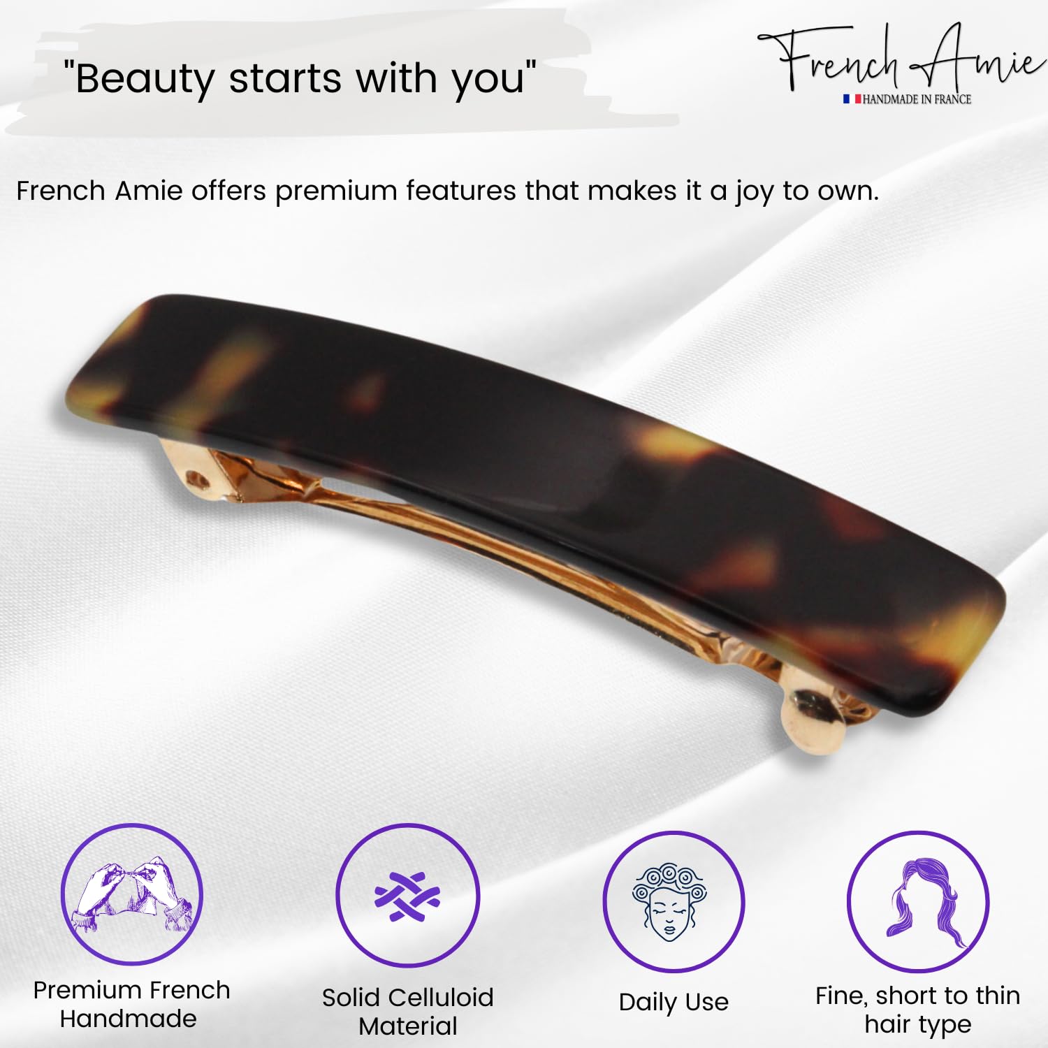 French Amie Small 2 1/4 inch Celluloid Handmade Hair Barrette No Slip Grip Durable Styling Women Hair Accessories Hair Clip for Girls, Made in France(Tokyo) - Image 2