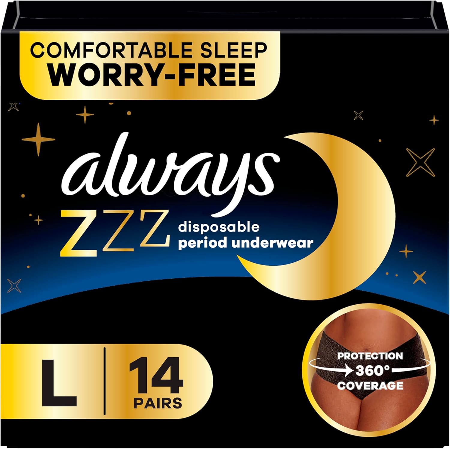 (Incomplete)Always ZZZ Overnight Disposable Period Underwear for Women, Large, 360° Coverage for Worry-Free Nights, 14 Count (2 Packs of 7) Large/X-Large 14