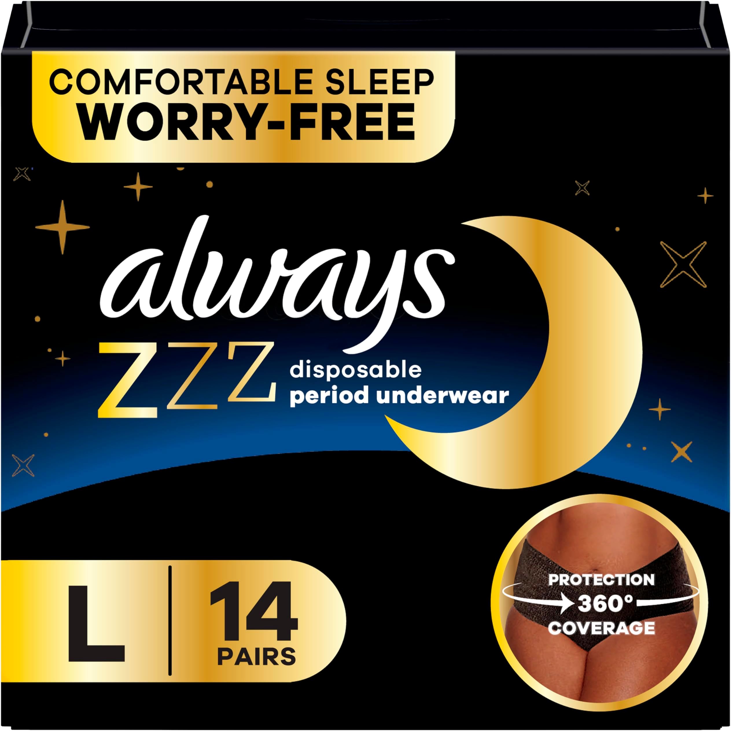 ZZZ Overnight Disposable Period Underwear for Women Sz L, 360° Coverage for Worry-Free Nights, 7 Count x 2 Pack (14 Count total)