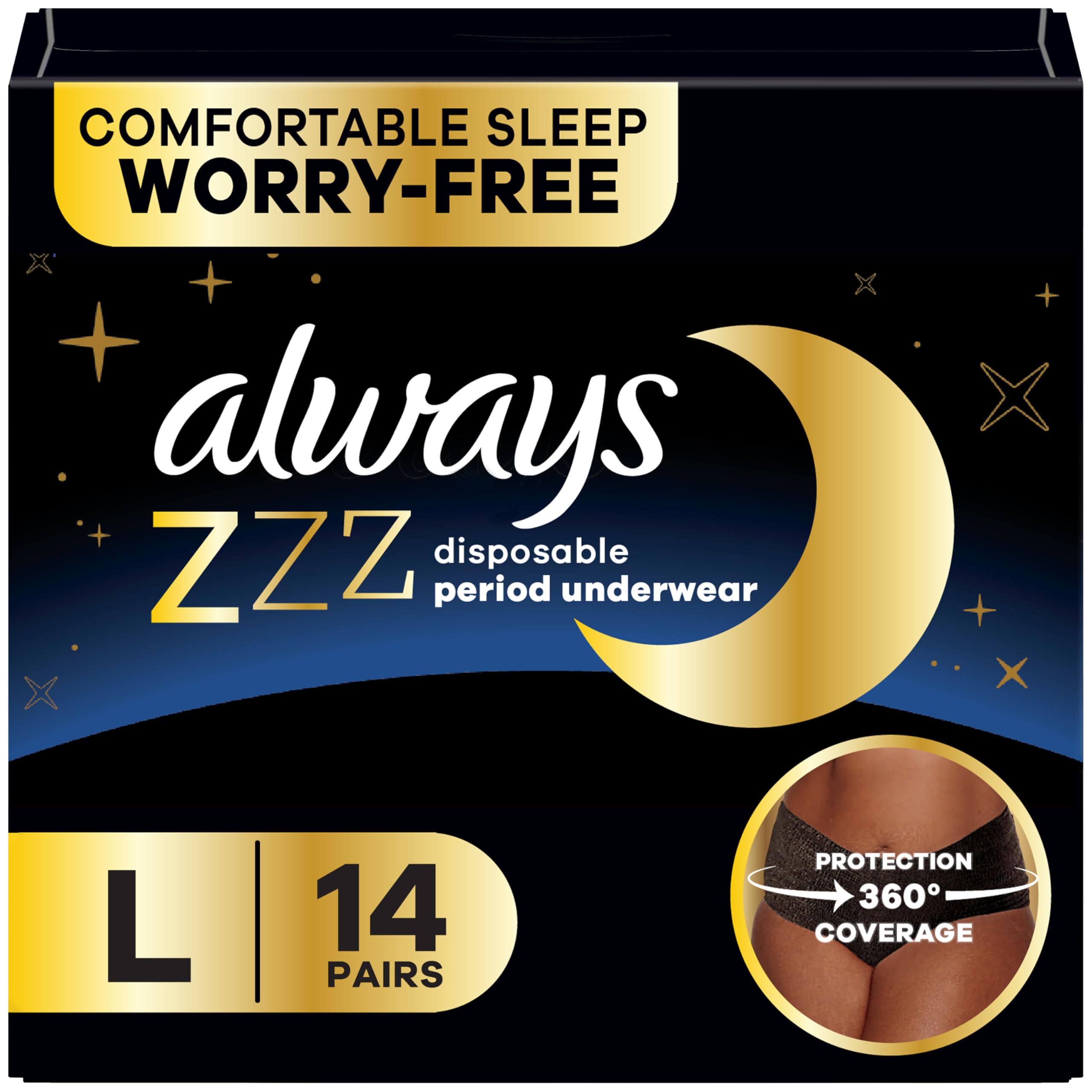 Always ZZZ Overnight Disposable Period Underwear for Women, Large, 360° Coverage for Worry-Free Nights, 14 Count (2 Packs of 7)