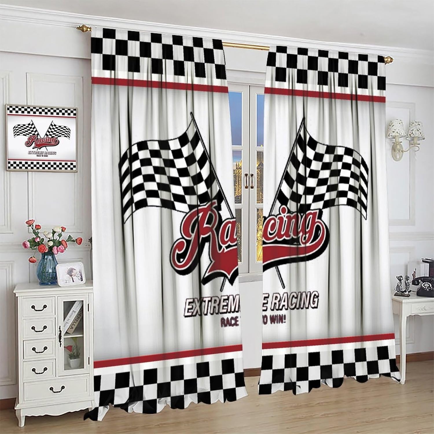 Racing Car Curtains, Vintage Extreme Speed Sports Automobile Competition Black and White Checked Flag Pattern Drapes, Blackout Rod Pocket Window Treatments for Living Room Bedroom Bathroom 42x45in