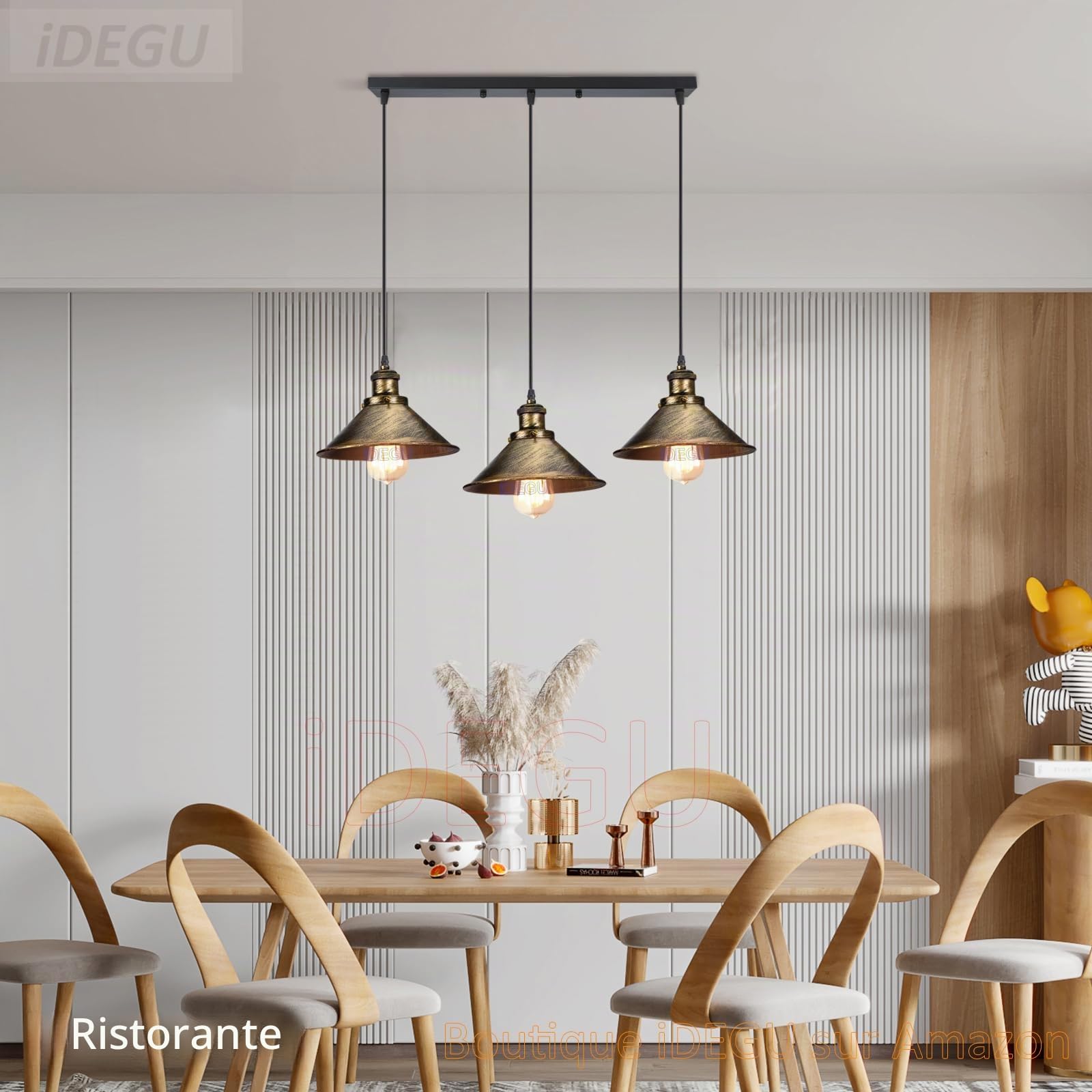 iDEGU 3 Luci Lampadario a Sospensione Industriale Lampada a Sospensione Vintage Stile Edison E27 Plafoniera Lampada da Soffitto per Sala da Pranzo Soggiorno Cucina Bar, 22CM (3 Luci Palo, Bronzo)
