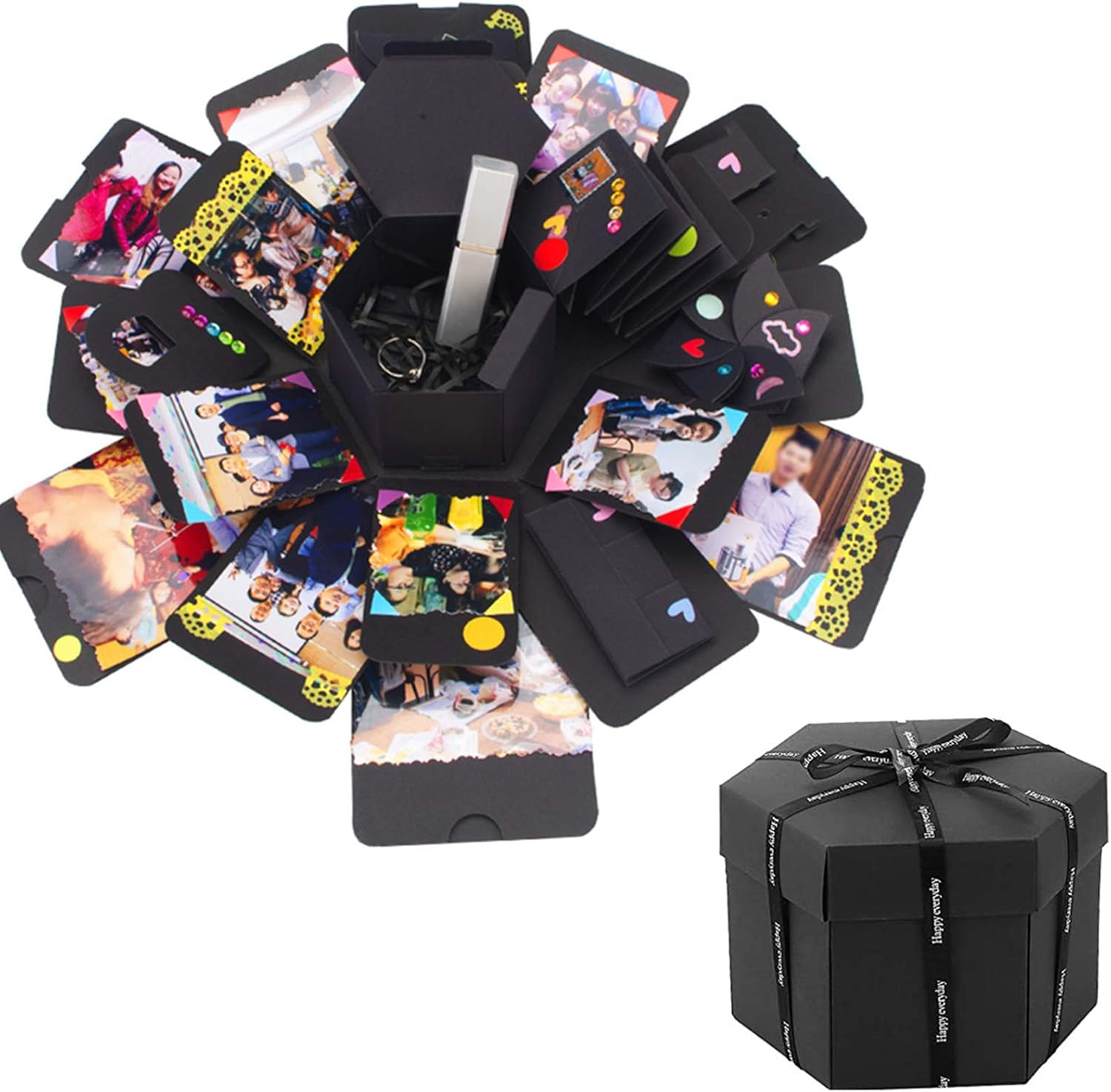 サプライズボックス アルバム 手作り 女性人気誕生日プレゼント手作り爆発ボックス クリスマスプレゼント誕生日贈り物 ロマンチックボックス 飾り素材付き 写真収納 結婚 記念日 プレゼント クリスマス ギフト 六角形 ブラック Faz Co Zm