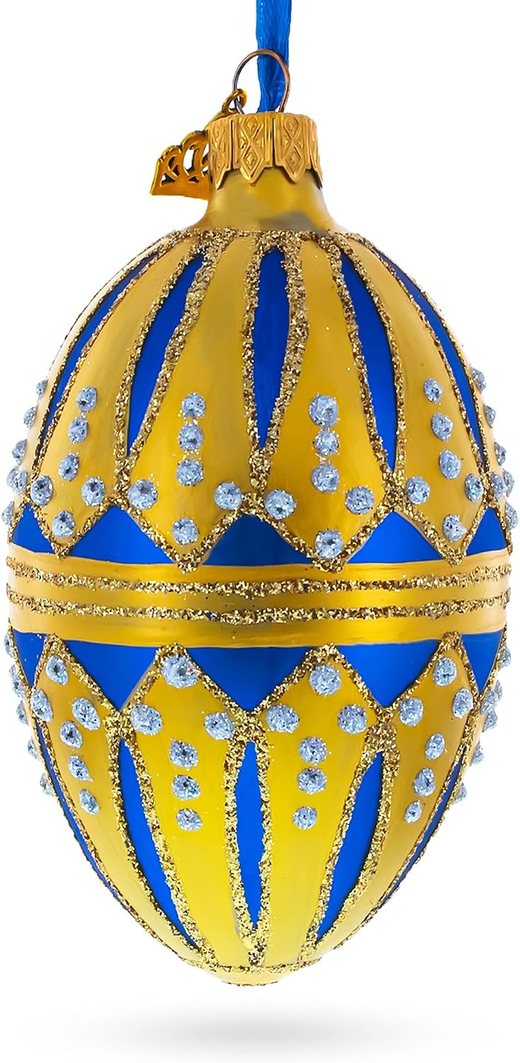 Blue Enamel Royal Inspired Egg Glass Ornament 4 Inches