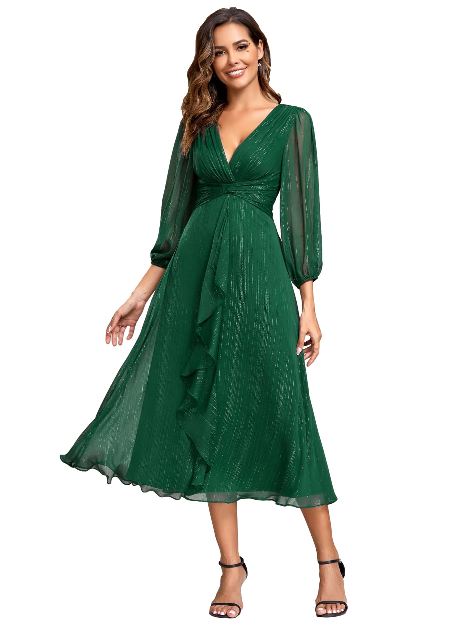 Ever-Pretty Vestido de Noche Largo para Mujer Cuello en V Mangas de Linterna Cintura Imperio Volantes Vestido de Invitados de Boda EE01977-P