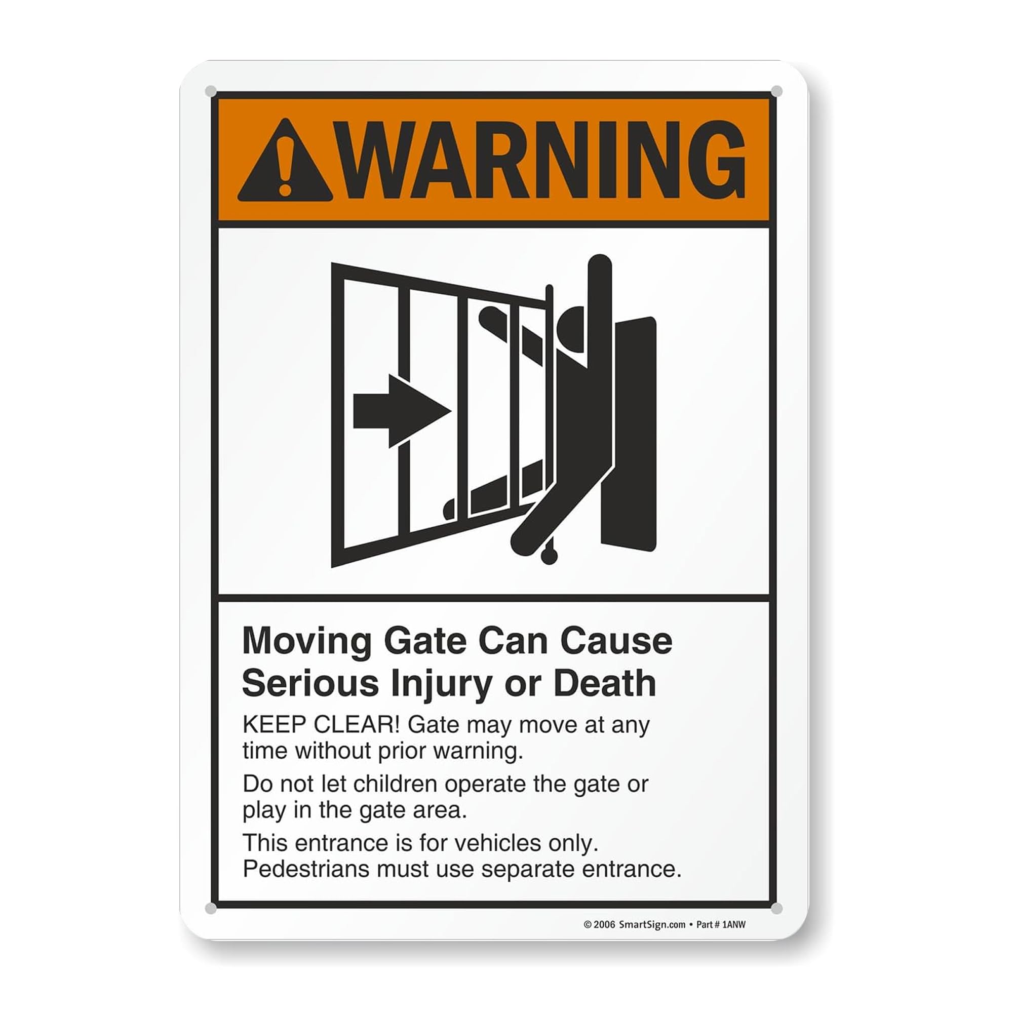 SmartSign 18 x 12 inch “Warning - Moving Gate Can Cause Injury Or Death” Metal Sign, 63 mil Laminated Rustproof Aluminum, Black, White and Orange, Made in USA — Amazon image 10