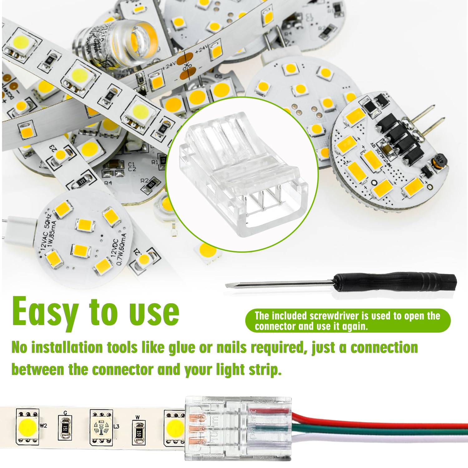 EPLZON 10mm 3-Pin LED Strip to Wire Quick Connector - RGB Light Adapter Clear Unwired Gapless Track for 5050 LED Strip (20pcs) - Image 4