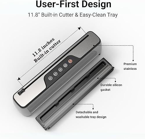 Miniatura 7 de Máquina selladora al vacío, ultra compacta y totalmente automática con cortador integrado, sellador al vacío de alimentos de alto rendimiento de 85