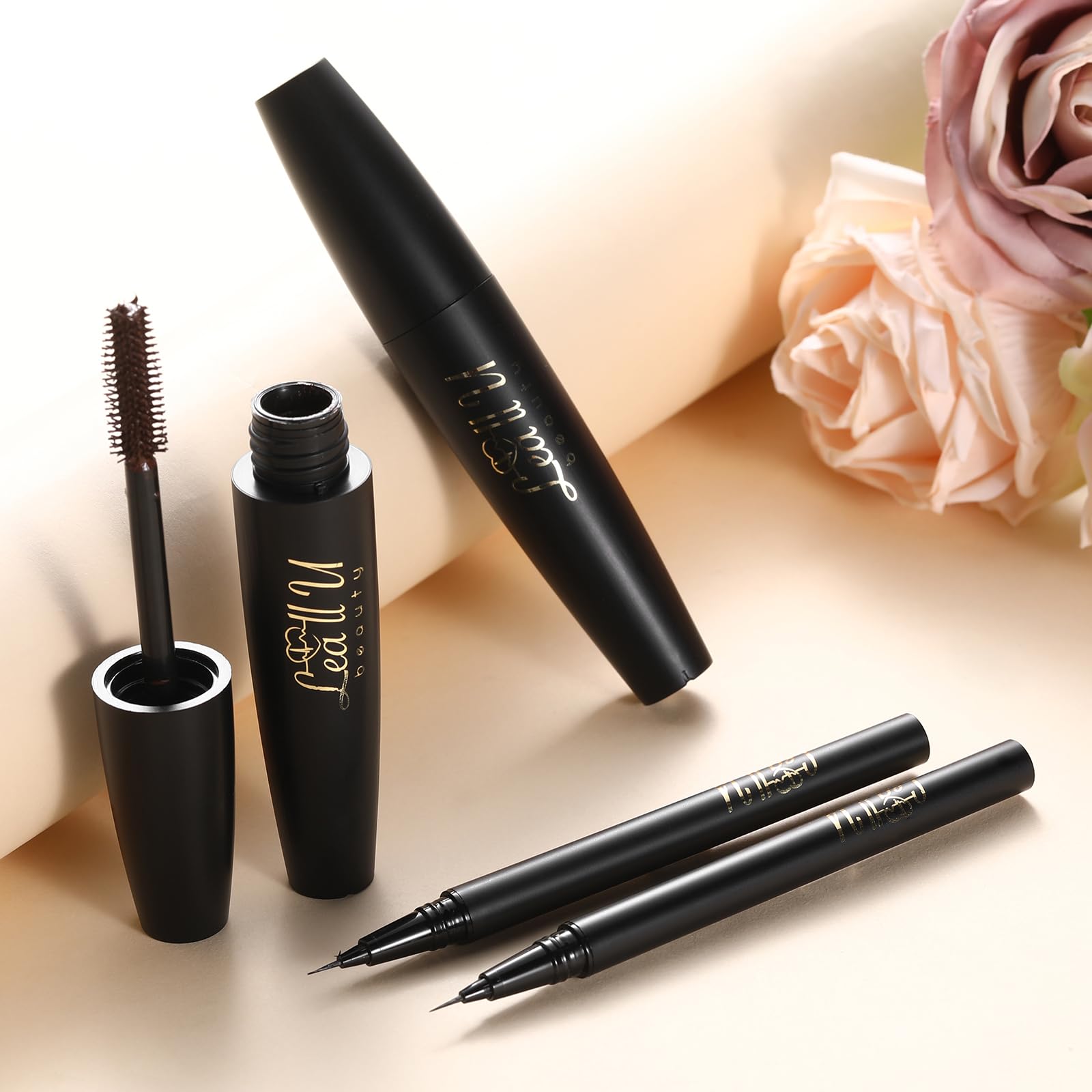4D-Augenmaske und Eyeliner-Set, Schwarz und Braun, langanhaltende Wimpernmaske, wasserfest (braun)