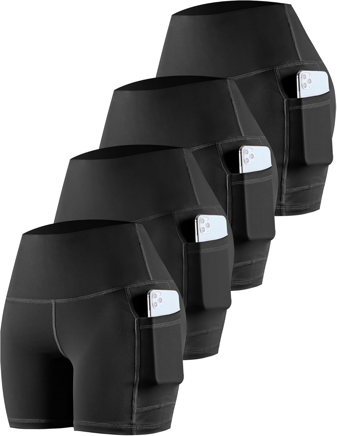 CHRLEISURE Womens Biker Yoga Shorts with Pockets: High Waisted Tummy Control Spandex Workout Athletic Gym Shorts 4 Packs