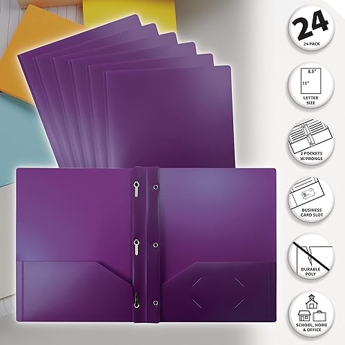 Miniatura 3 de Better Office Products Carpetas de plástico morado con 2 bolsillos, con puntas, pesadas, carpetas de polietileno tamaño carta, paquete de 24, con 3