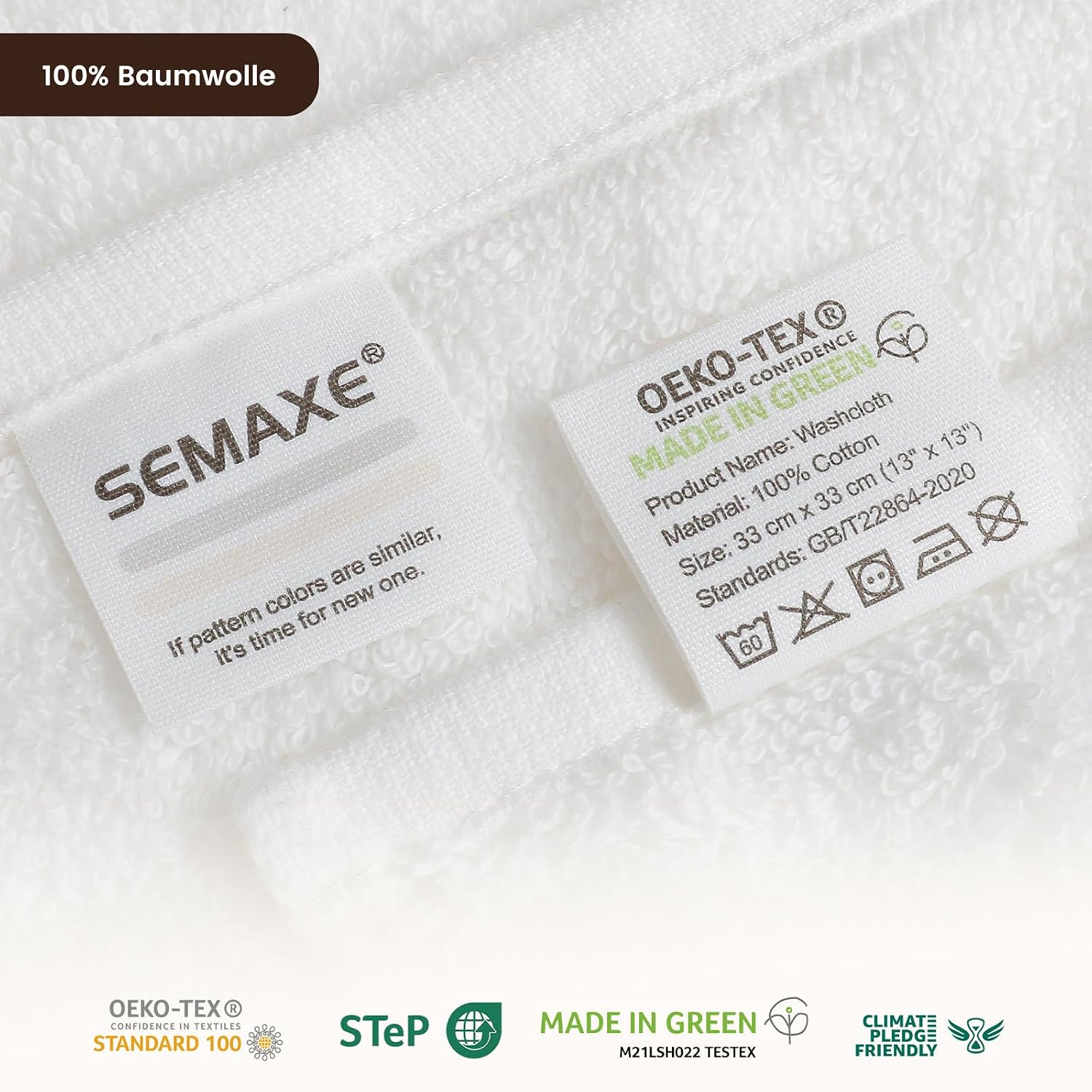 SEMAXE 12-Pack Cotton Washcloths for Bathroom with Hanging Loops, White | Soft washcloths for face cleansing, shower use, guest bathrooms, and daily wash-day rotation, OEKO-TEX certified, easy care